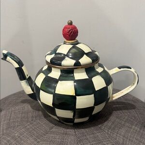 MacKenzie-Childs Black and Cream Checkered Teapot with Red Knob